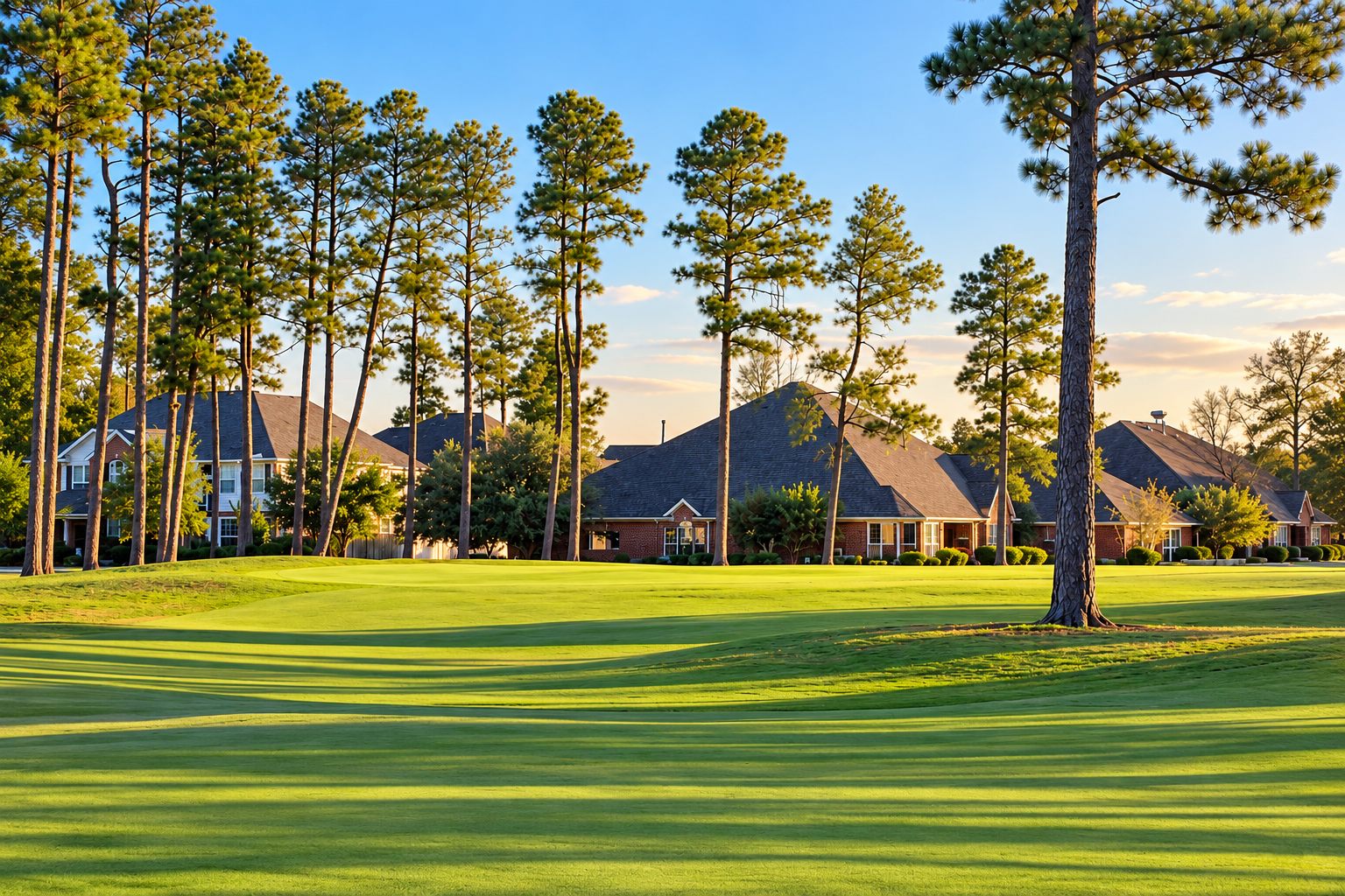 Homes overlooking a golf course lined with pine trees in the evening sunlight